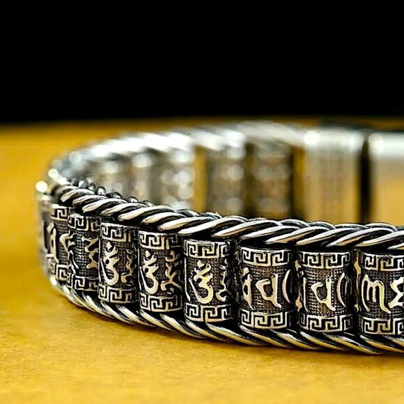 Stainless Steel Chain Link Bracelet, Mantra, Curb Hand Woven Engraved - Picture 3 of 5